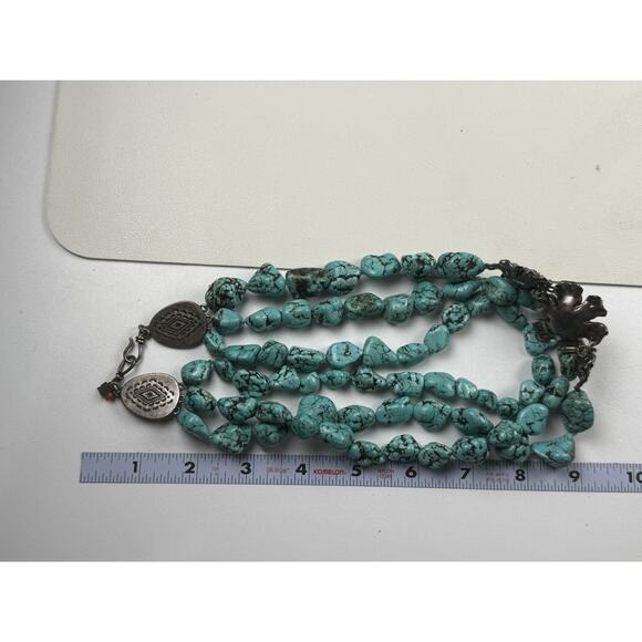 Lucky Brands Faux Turquoise Necklace 19" Triple Strand Flower Statement - Picture 2 of 11